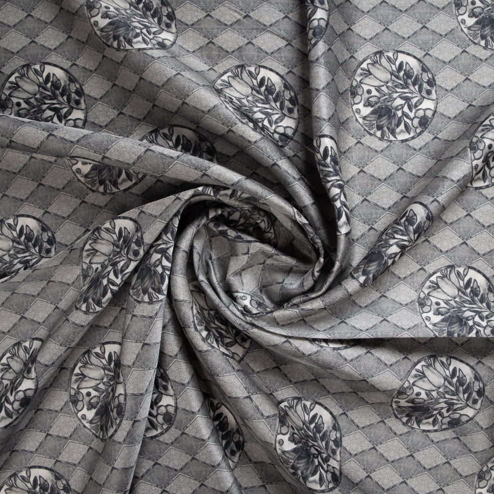 Grey digital print satin linen fabric made from muslin, featuring intricate patterns and a soft texture ideal for various sewing projects.