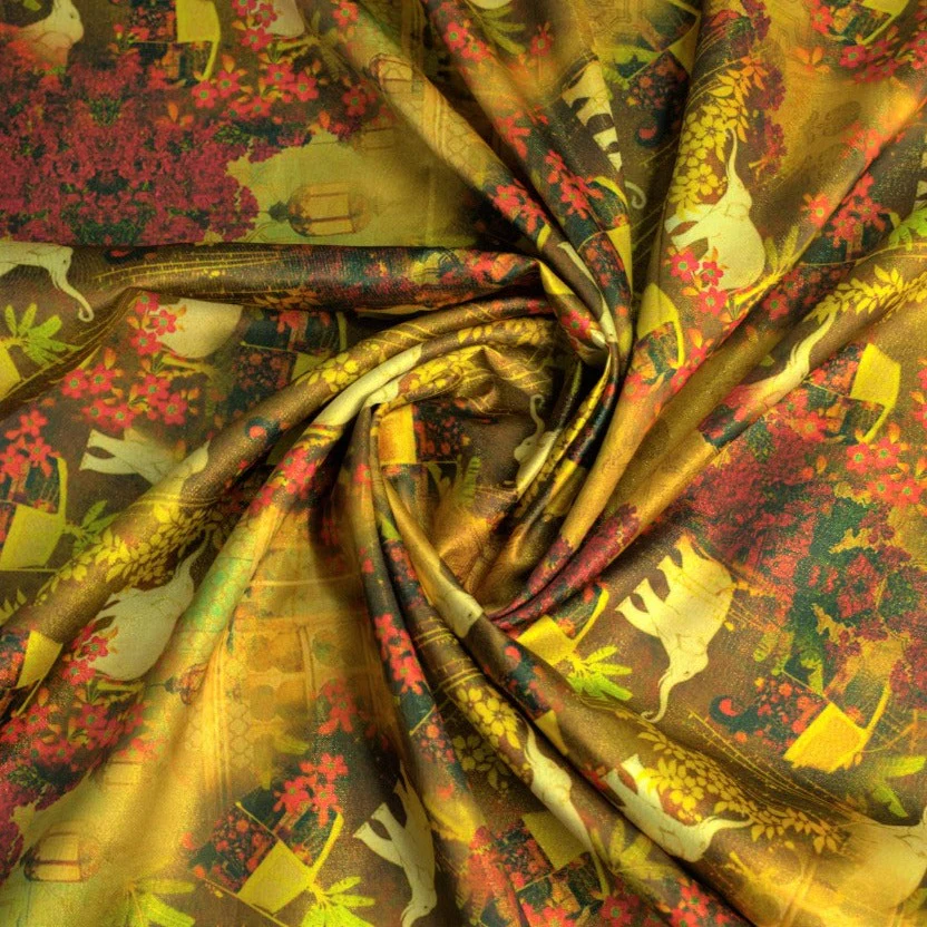 Muslin fabric featuring vibrant animal and floral prints, ideal for crafting and home decor.