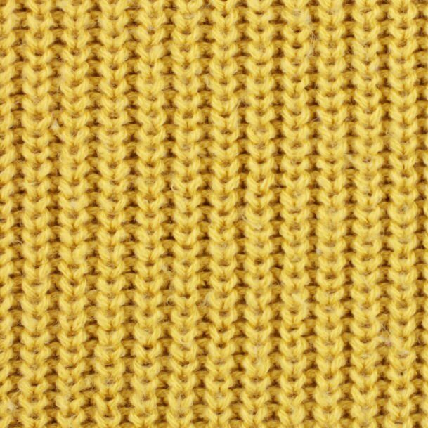 A close-up image of a yellow knitted ribbed wool textile, showcasing its soft texture and intricate pattern. The fabric is made from highlighting its lightweight and breathable qualities.